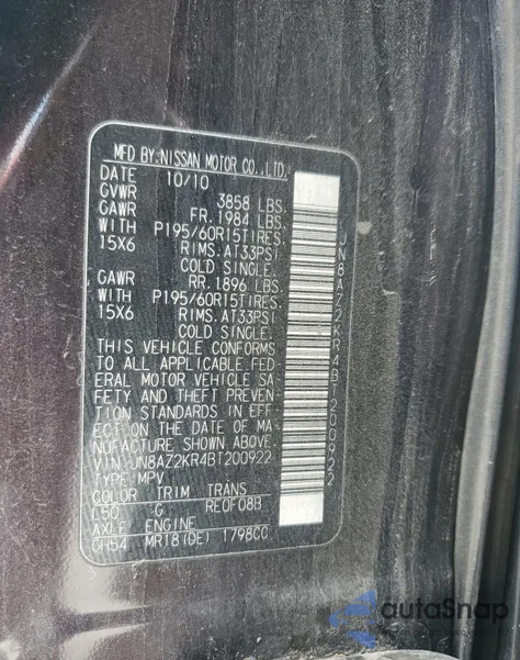 2011 Nissan Cube Base z USA, uszkodzony, nr VIN JN8AZ2KR4BT200922